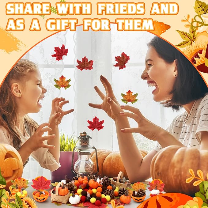 WinnerWhy 320 Pcs Fine Motor Toys Fall Thanksgiving Decorations, Sensory Bin Filler, Pumpkin Bowls, Woven Baskets, Pompom, Maple Leaves, Squirrels, Pumpkins, Acorns, Pine Cones for Autumn Party Decor