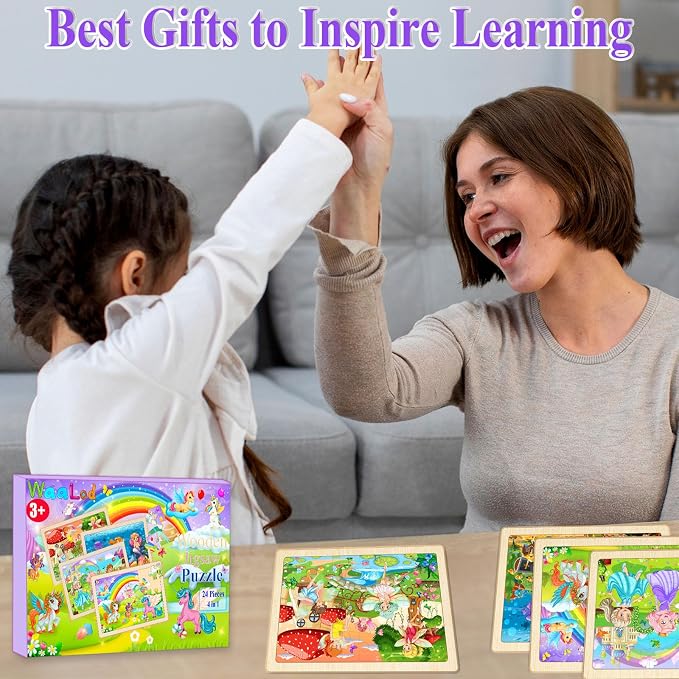 Wooden Puzzles for Kids Ages 4-6, 4 Pack 24 Pcs Toddler Puzzles Set for Ages 3-5, Educational Learning Toys Gift for Boys Girls 3 4 5 6 Year Old, Unicorn Mermaid Princess Elf Worlds