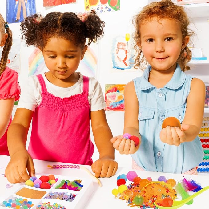Sensory Kit for Toddlers and Kids - Includes 6 Bins with Lids, Play Tools, Sand, Feathers, Clay, Color Beads and Pom Poms Kids Box Fillers