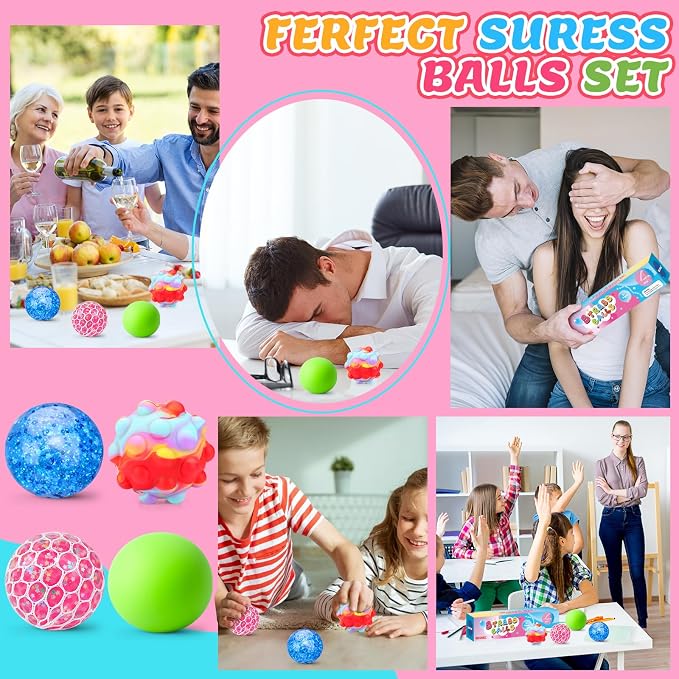 Stress Balls 4 Pack for Adults and Kids, Squeeze Squishy Fidget Toys | Sensory Toys for kids with Autism, Squishy Fidget Toys for Stress and Anxiety Relief, Prize for Classroom