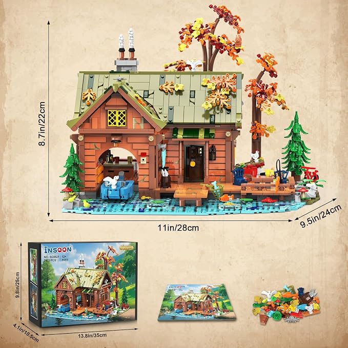 INSOON Overwater Cabin Building Set with Lights for Adults,Forest House Kit | 2423 PCS Wooden Treehouse Building Block Toy with Botanical Boat Animals, Construction Model Gift for Teens Boys Girls 12+