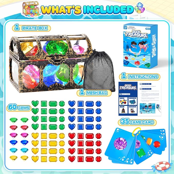 Diving Toys for Kids, Seek Treasure Underwater Pool Gem Hunt Pool Game | with 60PCS Sinking Gems, Pirate Treasure Chest, 35PCS Game Cards, Summer Swimming Pool Toys for Toddlers Kids Age 3-10