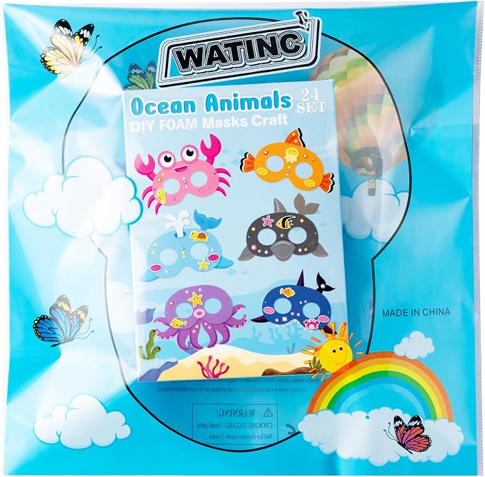 WATINC Ocean Animals Mask Craft - 24pcs Make Your Own Sea World Animal Foam Mask Kit for Kid, Under the Sea DIY Set with Diamond Stickers for Dress Up Party Favor Art Project Family Classroom Activity