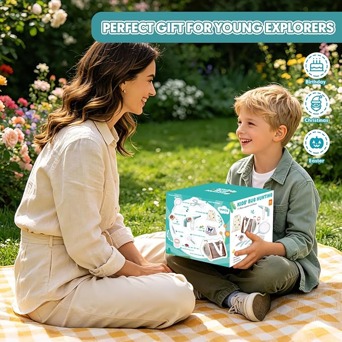 Kids Bug Catcher Kit, 11-Piece Outdoor Explorer Set with Bug Vacuum, Wooden Insect House, Butterfly Net, Ages 4-8