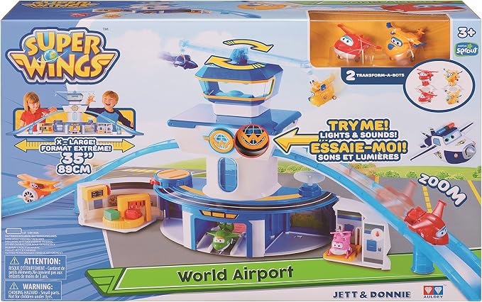 Super Wings World Airport Playset, Includes 2" Transform-a-Bot Jett and Donnie Figures, Preschool Educational Learning Toys for Boys and Girls Age 3 4 5 6, Birthday Gifts for Kids