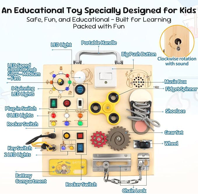 Montessori Busy Board for Toddlers, Sensory Activity & LED Lights Switches | Wooden Busy Board with Music Boxes & Locks & 17 LED Lights, Travel Educational Toy, Birthday Gift for Boys & Girls