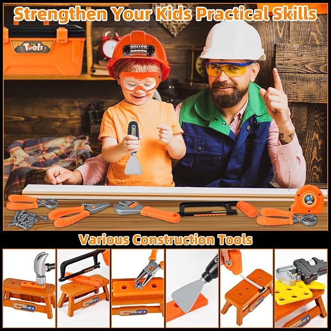 48 PCS Realistic Kids Tool Set with Hard Toolbox & Battery Powered Toy Drill, Pretend Play Toddler Tool Kit Construction Toys with Hard Hat for Boys & Girls Age 3-8