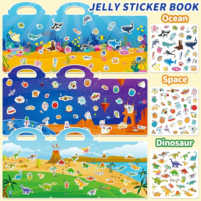 3 Sets Reusable Sticker Book for Toddlers 3-6, Jelly Sticker Books for Toddler, Travel Sticker Activity Toys for Kids 3 4 5 6 Years Old Girls & Boys(Ocean + Space + Dinosaur)