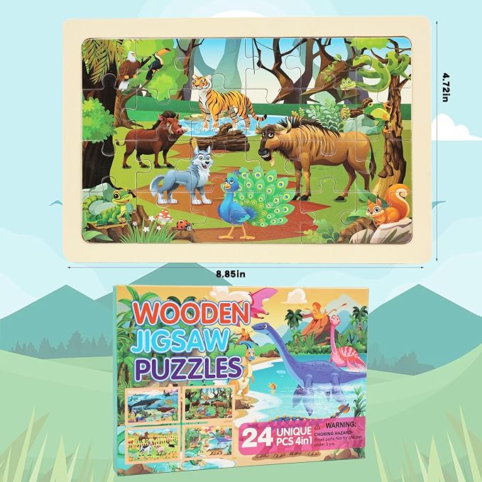 Wooden Puzzles for Kids Ages 4-6, 24 Piece Vehicle Car Construction Jigsaw Puzzles 4 Packs, Preschool Toddlers Learning Activity Puzzles Toys for Boys Girls 3 4 5 6 Years Old (Dinosaurs+Farm+Ocean)
