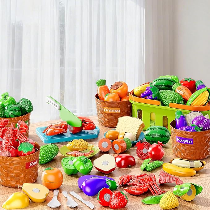 NIPLOOOW Play Food Set for Kids, Toddler Learning Toys, Cutting Food Toy Color Sorting Set, Pretend Food Play Kitchen Accessories for Kids, Birthday Gifts for 3-8 Years old Boys Girls Educational Toys