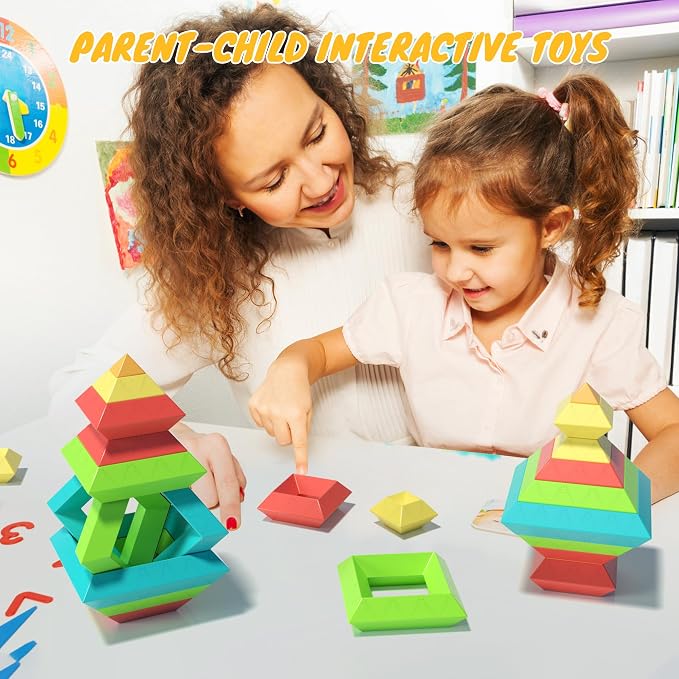 40Pcs Building Blocks Toys for Ages 3 4 5 6 Toddlers,Pyramid Stacking Toys,3D Montessori Preschool Learning Blocks for Kids,STEM Sensory Toy Gifts for 2-4 Years Old Boys Girls,Plastic Storage Box Set