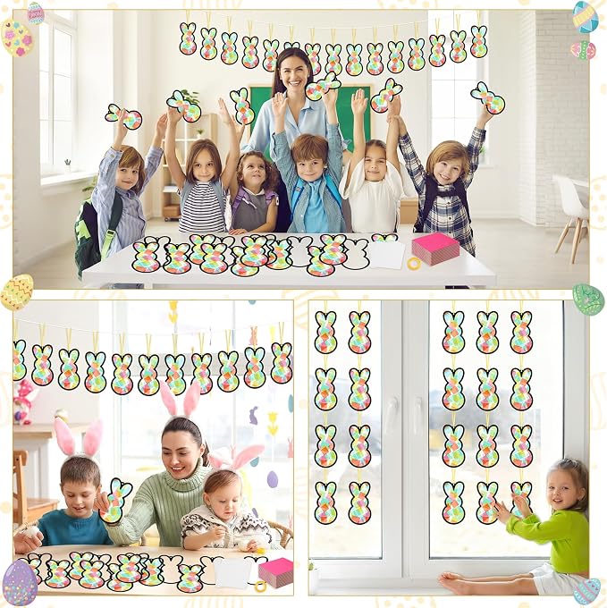 Qyeahkj 36 Set Easter Bunny Suncatchers Crafts for Kids DIY Colorful Rabbits Window Tissue Paper Craft Kit Hanging Decor for Easter Classroom Home Activity Art Project Birthday Party Favor