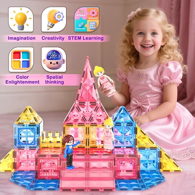 Diamond Magnetic Tiles Princess Castle Building Girls Toys ages 3-12 Games | Magnet Building Blocks STEM Montessori Learning Toys Girls Gift Xmas Birthday Present 3-5 4-8 9-12 Year Old Kids