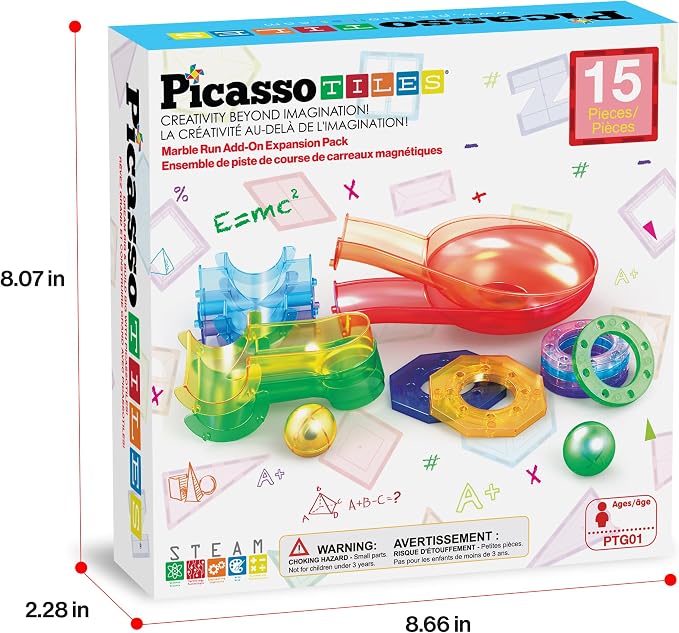 PicassoTiles Magnetic Marble Run Add-On Expansion Pack for Magnet Tile Building Blocks Maze Construction Toy Kit Educational STEM Learning Enhances Creativity Imagination Children Ages 3+ PTG01