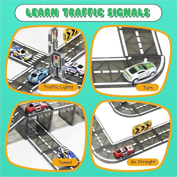 Magnetic Tiles Road Set with Pullback Car for Kids Ages 4-8 Boys Stem Toys | Magnetic City Expension Set,Race Track,Preschool Magnet Blocks Building Toy for 4-8 Year Old,Autism Learning Montessori Gifts