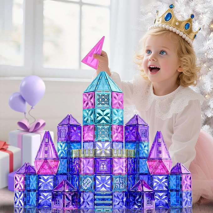 SKTMYY 114pcs Magnetic Tiles for Kids, 3D Diamond Princess Ice Castle | Magnet Blocks for Age 3-5 4-8, STEM Educational Toys, Montessori Preschool Classroom for Toddlers, Girls Kids Birthday Gift