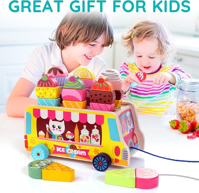 HELLOWOOD Wooden Ice Cream Truck, 28 pcs Magnetic Ice Cream Sweet Treats Pretend Play Food & Accessories, Montessori Sorting & Stacking Toys for Toddler Girls & Boys Age 2-5