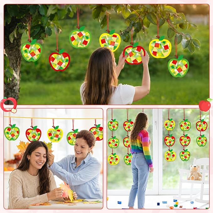 Qyeahkj 36 Set Fall Apple Suncatchers Crafts for Kids DIY Autumn Window Tissue Paper Craft Kit Hanging Decor for Back to School Home Activity Art Project Birthday Party Favor Gift