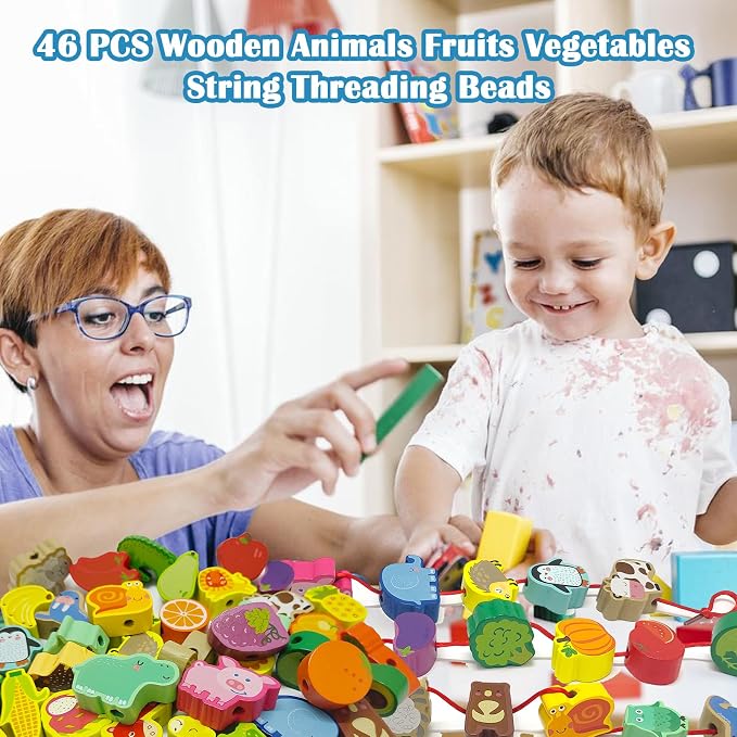 46 PCS Wooden Lacing Beads,Animals Fruits Threading Toys | Preschool Learning Lacing Toys,Montessori Educational Stringing Threading Beads Toys for Kids 3 4 5 6 Year Old Boys Girls