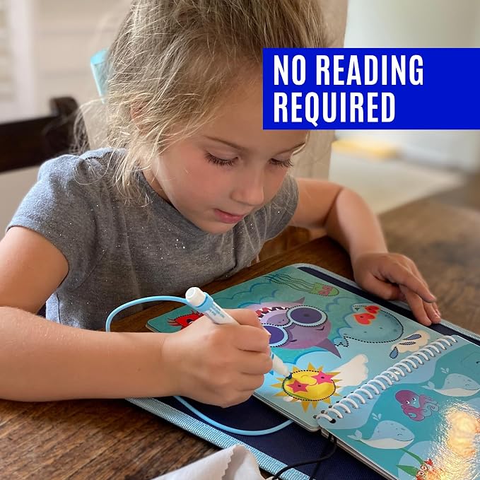 Totebook Kids Travel Activity Kit with Tethered Dry Erase Markers - Mess Free Car & Plane Activities for Toddlers Ages 4-6, Reusable Stickers, Mazes, Search and Find (Ocean Theme)
