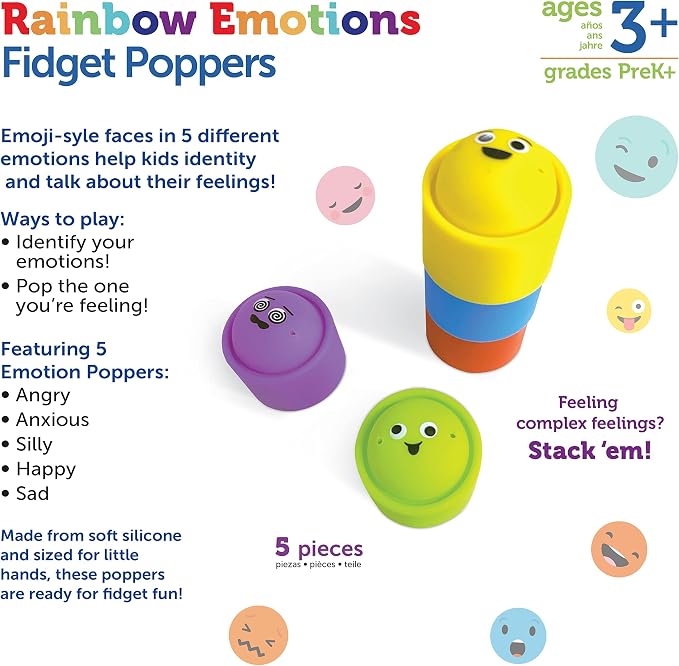 Learning Resources Rainbow Emotion Fidget Poppers, Sensory Toys, Social-Emotional Learning ,Sensory Toys for Toddlers, SEL Skills,Fine Motor Skills, Ages 3+,5 Pieces