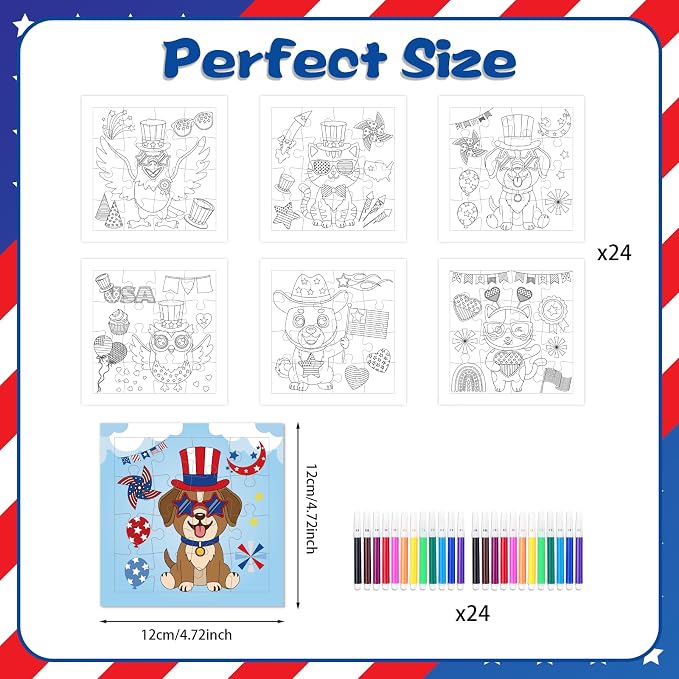 Fennoral 24 Pack DIY Coloring 4th of July Jigsaw Puzzle Craft Kit for Kids | Cute Animal Design, with Display Base, 4.7‑inch, DIY Coloring Art, Classroom Activity, Party Favor Supplies