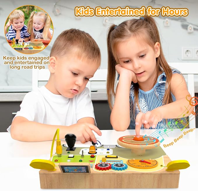 Montessori Wooden Busy Board, Toddler Sensory Travel Toy with Light Switch | Educational Learning Activity Toy, Fine Motor Skills Game for Kids, Gifts for Toddlers Age 3 4 5 6+ Years Old