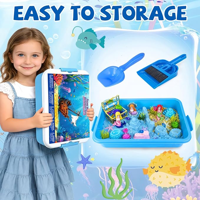 YongnKids Sensory Bin Sandbox Mermaid Toys with Magic Sand for Girls Kids | Play Sand Toy Sensory Bin Pretend Play Beach Toy with Sand & Castle Mold,Great Christmas Birthday Gift for Girl Boys Age 3+