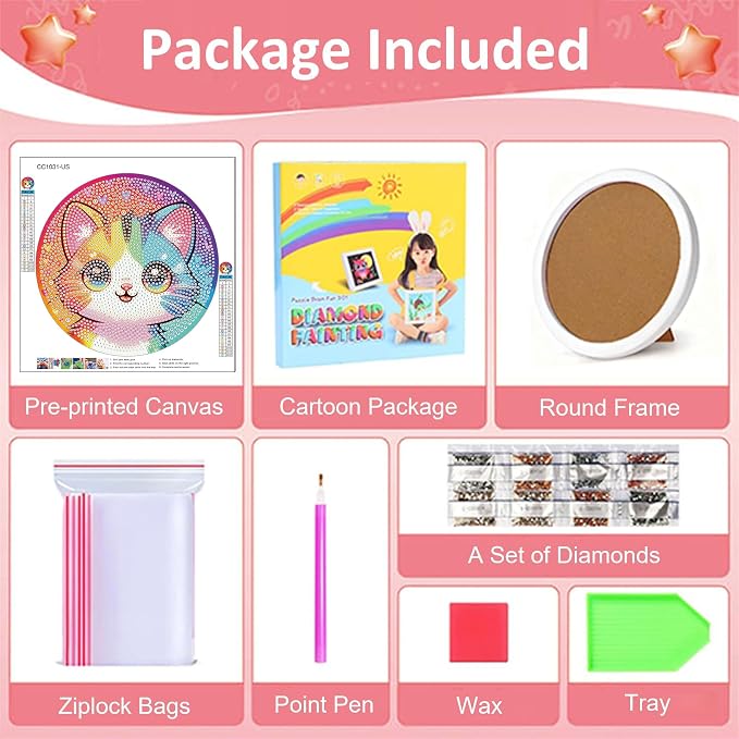 Gemozaic Cat Diamond Art Kits for Kids Ages 4-8-12, Round Frame, 8 x 8 in | Cute Cat Diamond Art for Kids 6 10 12 Year Old, DIY Easy Kid Big Gem Painting, Animal Arts and Crafts for Girl Birthday Gift