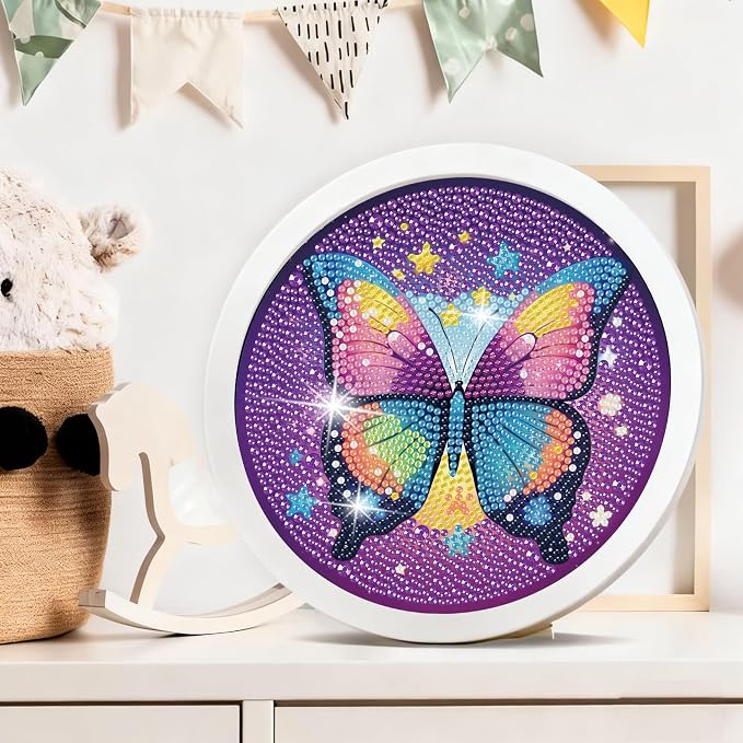 Gemozaic Butterfly Diamond Art Kits for Kids Ages 6-8-12, Round Frame, 8x8 | Cute Animal Diamond Art for Kids 6 8 9 10 12 Year Old, Easy Kid Big Gem Painting, DIY Arts and Crafts for Girl Birthday Gift