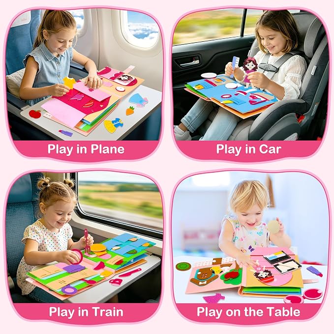 Montessori Busy Book Toddler 2-4 3-5 Birthday Gift Girl Toys Boy Travel Toy | Felt Busy Board Book Pretend Play Car Airplane Travel essentials Toys Kids Educational Sensory Activity Board Open Ended Toys