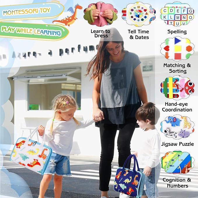 Esjay Busy Board Montessori Toys for Boys Girls, Sensory Book Educational Activities for Learning Fine Motor Skills, Birthday Gifts, Travel Toys for Airplane Car, White Multi