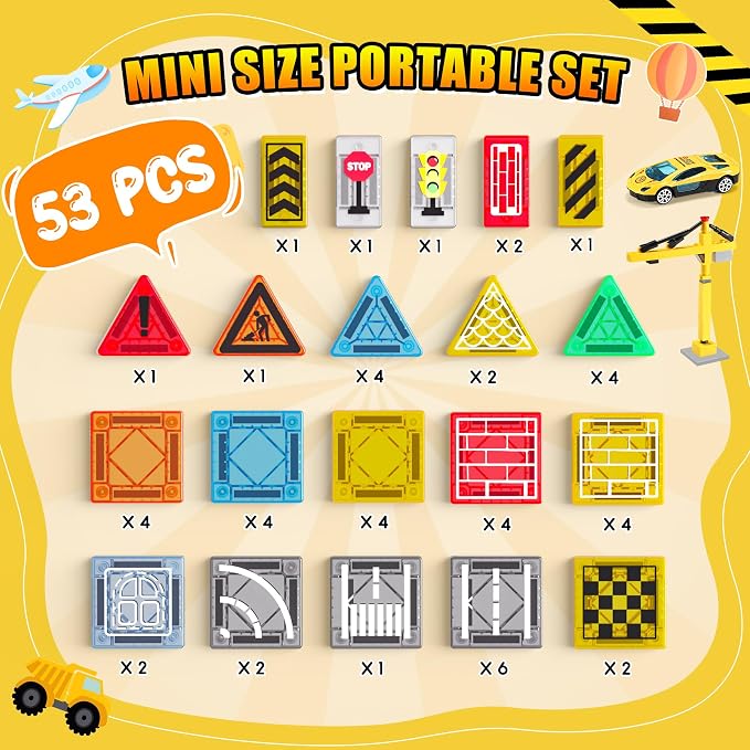 Magnetic Tiles - Construction Toys, Road Set Outdoor Travel Toys with Magnetic Crane & Car for Boys Age 3-5 4-8 8-10, Mini Magnet Building Blocks with Crane, Road, Traffic Lights, STEM Sensory Gifts