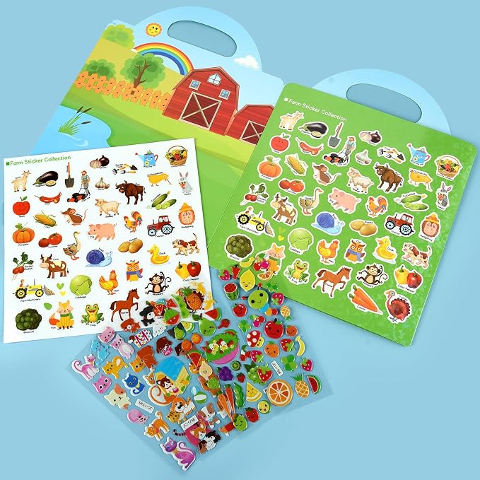 ASTARON Reusable Puffy Sticker Book,88 pcs Farm Stickers Educational Toy | 88 pcs Reusable Sticker,Waterproof Jelly Stickers, Portable Travel Toys,Educational Sensory Learning Toy,Gift for Boy Girl