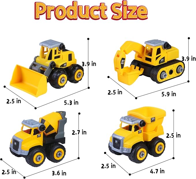 YIDESTARS Sensory Bin – Large Take Apart Trucks for Toddlers 3+ | 2.2lbs sensory sand, 4 trucks (dump/excavator/bulldozer/mixer), 8 figures, road signs, 8 molds, gift for boys girls