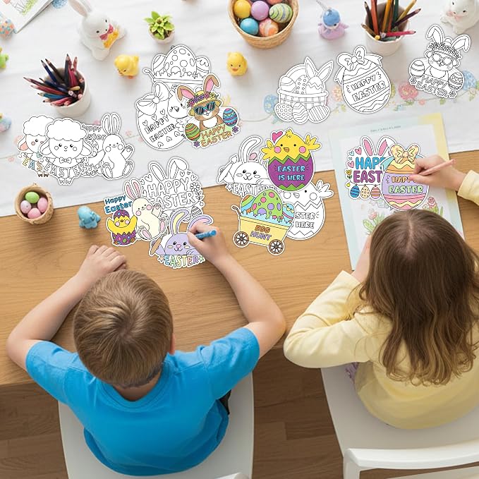 Easter Cartoon Coloring Arts Crafts Kit - 30Pcs Cartoon Color Your Own Magnets for Kids Egg Bunny Sheep Chicken Blank DIY Coloring Magnet for Easter Birthday Party Spring Holiday Favor Basket Supplies