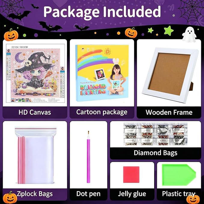 Gemozaic Halloween Diamond Art Kit for Kids Ages 6-8-12 with Frame, 7x7 in | Cute Witch Diamond Art for Kids 10 Year Old, DIY Big Gem Arts and Crafts for Boys and Girls Birthday Gift, Home Wall Decor