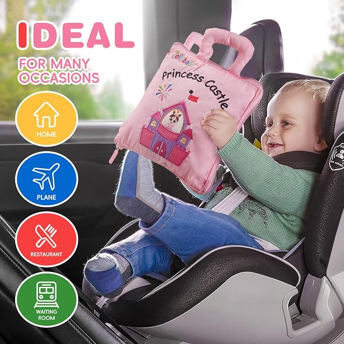 Jollybaby Baby Soft Busy Books - Princess Castle, Travel Toy & Montessori Sensory Educational, 10 Preschool Learning Activities for 2 3 4 Year Old Toddlers Boy Girl(Pink)