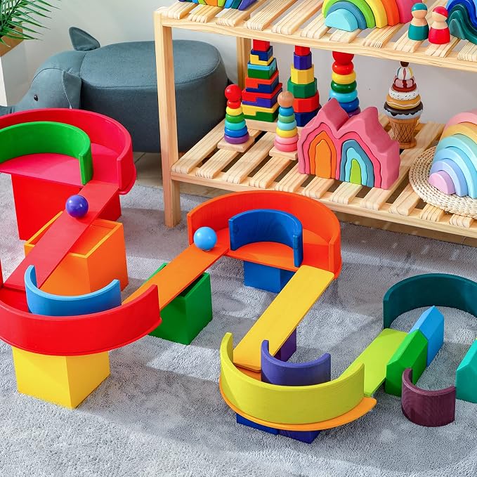 Wooden Rainbow Stacking Toy - 12 Pieces Extra Large Montessori Wooden Stacking Arch Educational Toys, Nesting Puzzle Building Blocks for Kids Toddlers (Rainbow Stackers)