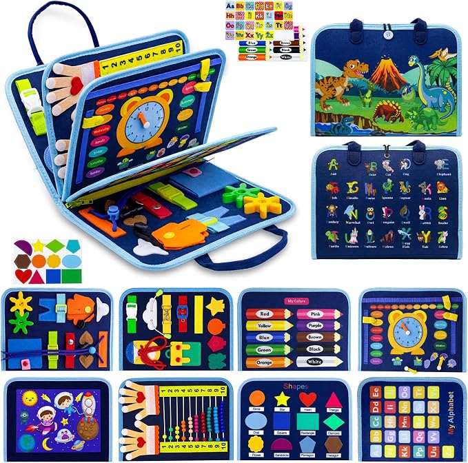 Montessori Busy Board for Toddlers, 8 Pages 30+ Activities Sensory Toy, Toddler Learning Toys with ABC Numbers Shapes, Travel Toy, Preschool Educational Gift for Boys Girls, Blue Dinosaur