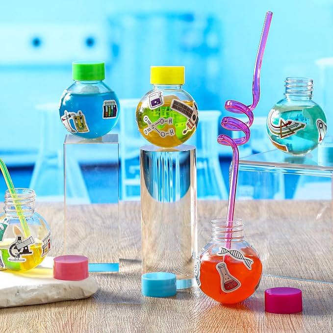 Jingmore 36 Pcs Science Party Theme Cups Set with Silly Loop Straws Science Stickers Plastic Reusable Small Conical Flask Bottles Test Tubes for Birthday Party Decorations(Spherical Bottles)