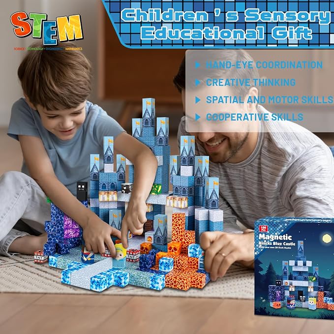ToyUnited 100PCS Magnetic Blocks - Magnet Building Blocks, Stacking Magents Cubes Toys Blue Castle Set, STEM Montessori Sensory Toys for Kids Boys and Girls Ages 3 4 5 6 7 8 9 10+ Birthday Gifts
