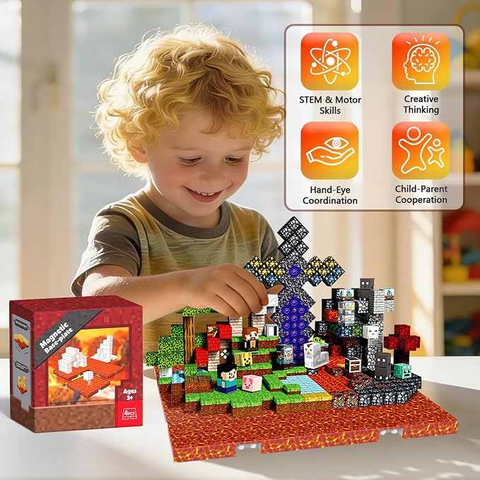 4PCS 4" x 4" Magnetic Building Block Base Plates for Kids, Strong Grip Magnetic Tiles Base Compatible with Most Popular Magnetic Blocks & Cubes, STEM Educational Toys for Boys Girls Ages 3+ (Lava)