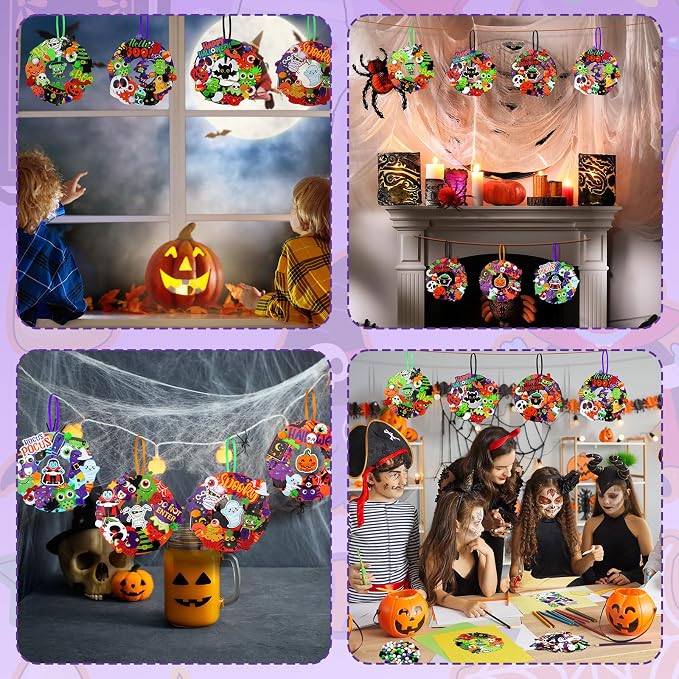 Hollowfly 48 Sets Halloween DIY Wreath Craft Kits Trick-or-Treat Party Activities