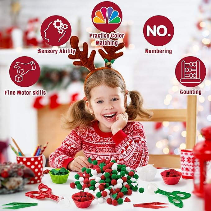 EZdhuawuse Summer Fine Motor Toys - 270Pcs Counting Sorting Sensory Bin Filler Set for Kids Xmas Counting Toy with Felt Xmas Tree Pom Poms Cup Clip for Preschool Education Activities
