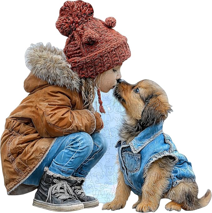 MEATRN Wooden Puzzles for Adults, Animal Wood Jigsaw Puzzles, 216 Pcs | Cute Little Girl Kissing Puppy, Heartwarming Parent-Child Game, Birthday Gift for Kids Home Decor, 11.4x11.4 in