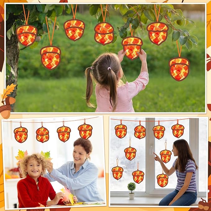 Qyeahkj 36 Set Fall Acorn Suncatchers Crafts for Kids DIY Autumn Window Tissue Paper Craft Kit Hanging Decor for Thinkgiving School Home Activity Art Project Birthday Party Favor Gift