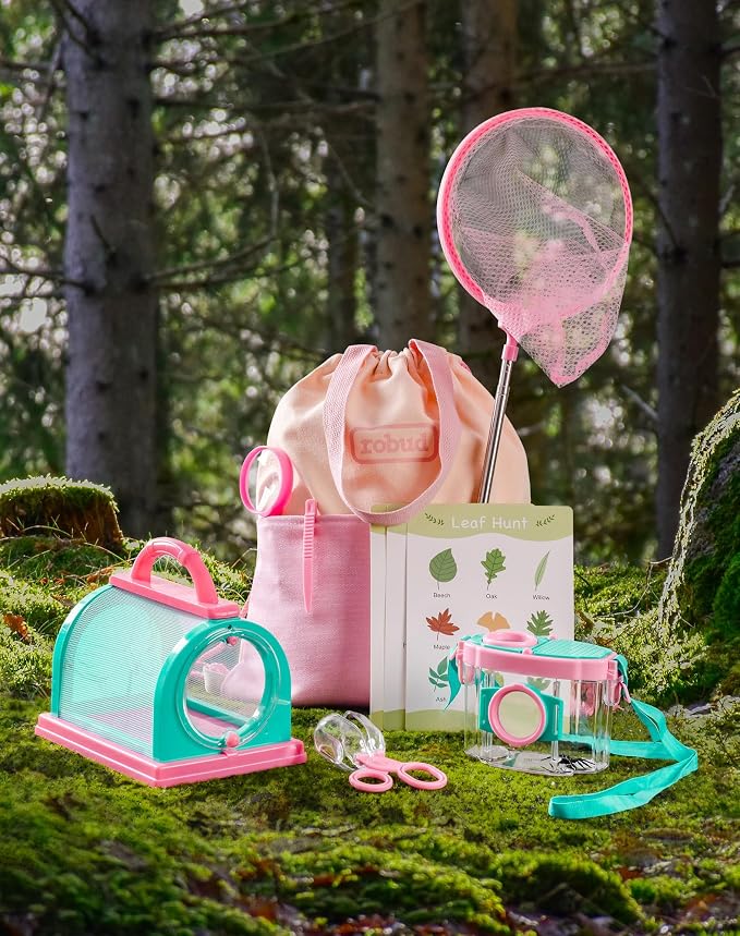 ROBUD Upgraded Bug Catcher for Kids, Bug Catching Kit with Bag Kit, Pink Outdoor Exploration Set for Camping, Montessroi Toy for Kids Coming Closer to Nature,WRP59