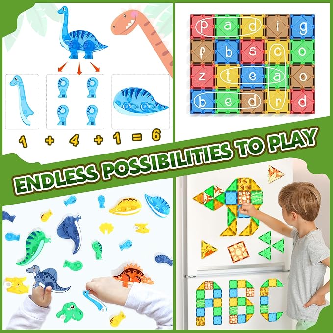Dinosaur Toys Magnetic Tiles 3D Movable Dinos for Kids 3-5 5-7 Toddler Toy | Outdoor Sensory Toys with 5 Popular Dynamic Dinosaurs, STEM Educational Magnetic Blocks for 3+ Years Old Girls Kids Boys Toys