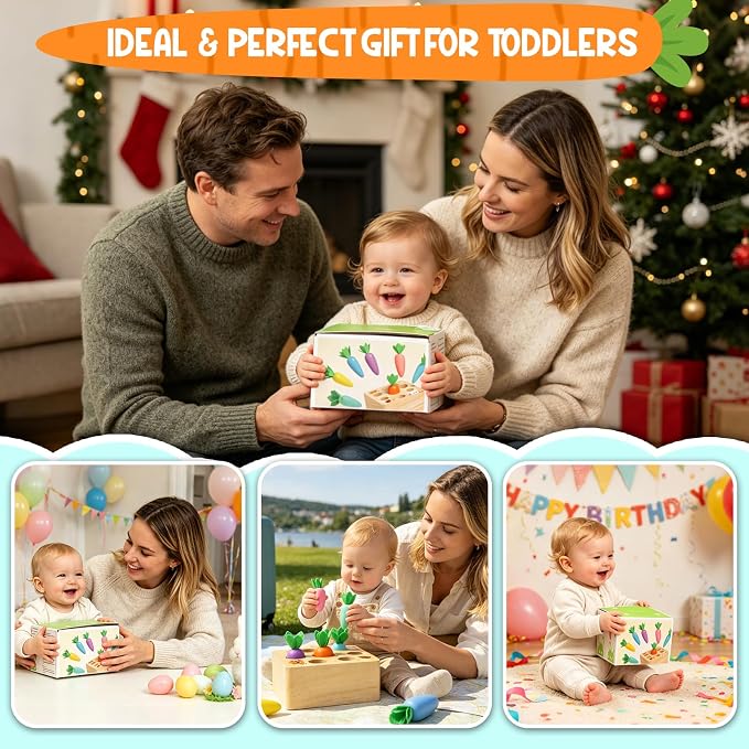 Wdmiya Montessoritoys for 1 Year Old, Developmental Wooden Toys 6-12 Months | Shape Sorting & Matching Puzzle Macaron Carrots Harvest Game, Christmas Birthday Gifts for Toddlers Babies Boys and Girls